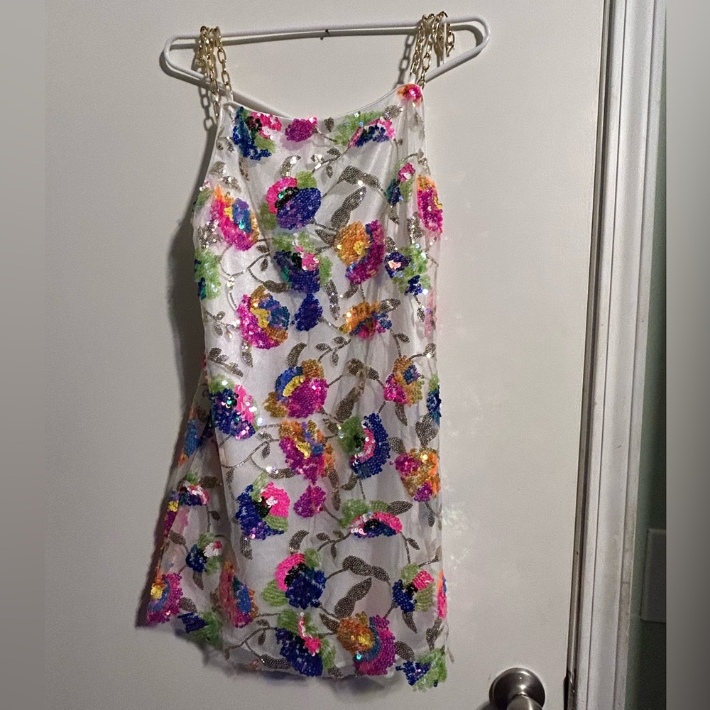 NWOT LUCY IN THE SKY Starstruck Strappy Multicolor Sequin Dress in White